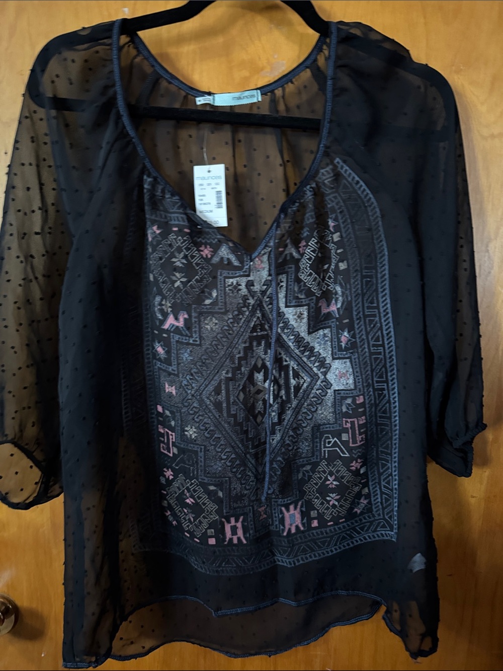 Maurices Black Sheer Boho Embroidered Peasant Blouse